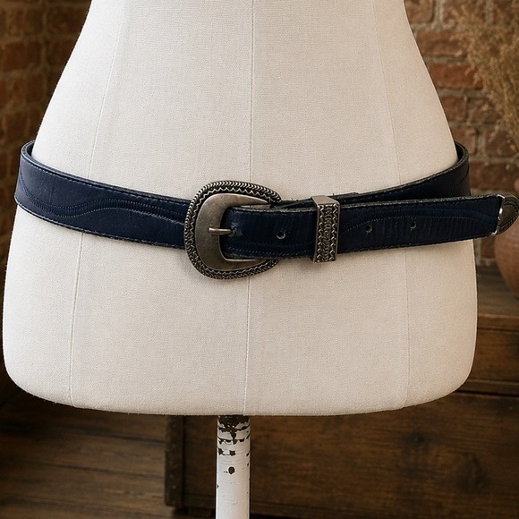 Elite California Accessories - Vintage Navy Blue Leather Western Belt Silver M Ranch Boho Festival Cowboy